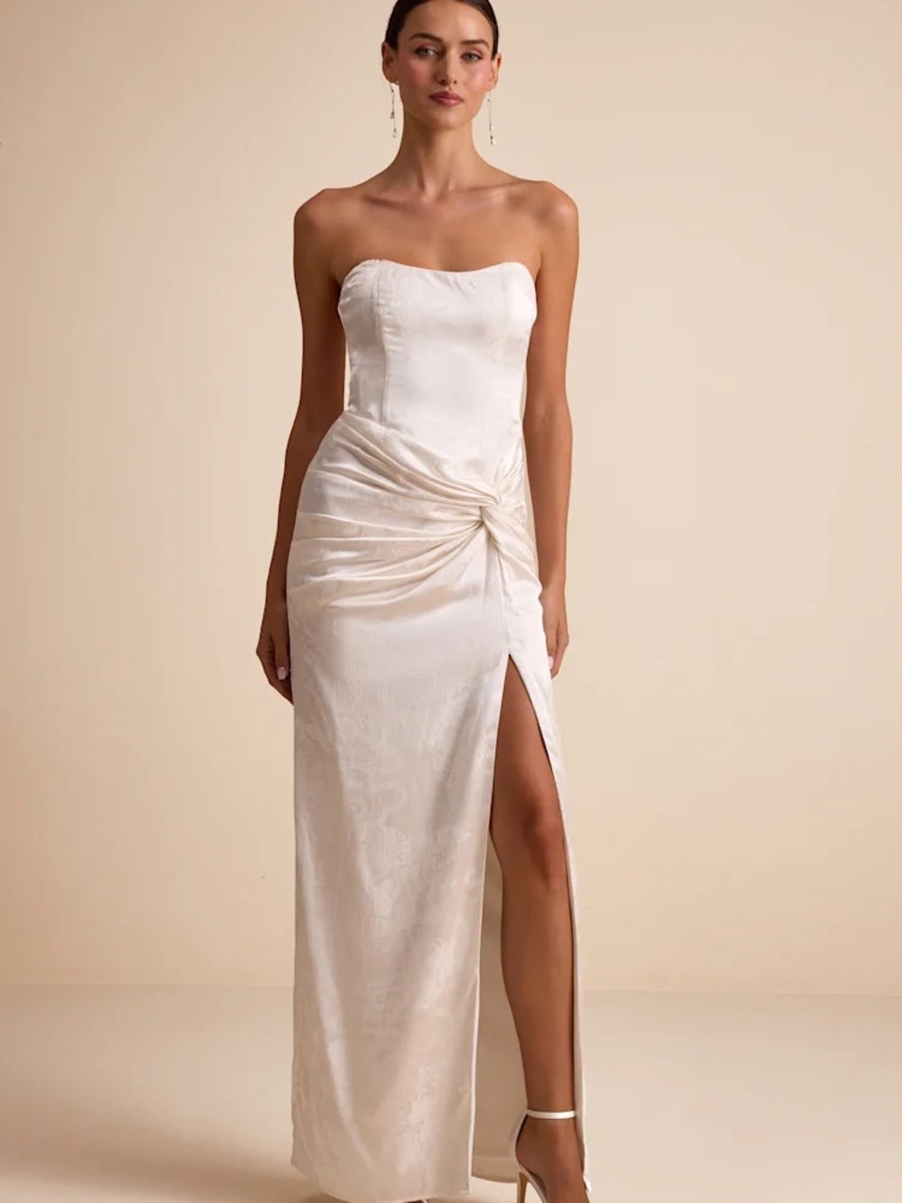 Lulu's Strapless Ivory Knot-Front Gown with Slit